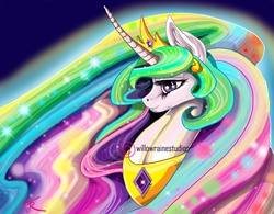 Size: 1280x998 | Tagged: safe, artist:theneithervoid, princess celestia, g4, color porn, curved horn, female, horn, portrait, solo, watermark