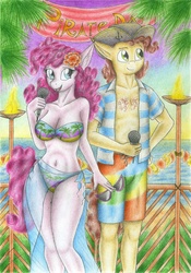 Size: 2456x3499 | Tagged: safe, artist:sinaherib, cheese sandwich, pinkie pie, anthro, g4, belly button, bikini, breasts, busty pinkie pie, clothes, couple, female, high res, male, microphone, ship:cheesepie, shipping, straight, swimsuit, topless, traditional art