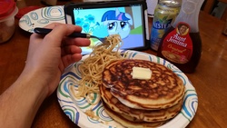 Size: 3264x1836 | Tagged: safe, twilight sparkle, human, g4, aunt jemima, brony, feeding, food, irl, irl human, nestea, noodles, pancakes, photo, spaghetti, syrup, tablet, unamused, waifu dinner