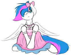 Size: 1280x984 | Tagged: safe, artist:diction, oc, oc only, oc:agile cloud, bow, clothes, crossdressing, hair bow, sissy, sitting, solo