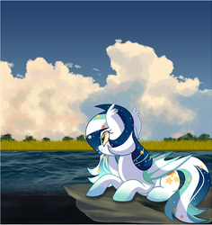 Size: 788x834 | Tagged: dead source, safe, artist:owlity, oc, oc only, oc:wistful galaxy, cloud, cloudy, lake, scenery, sky, solo