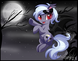 Size: 1279x1008 | Tagged: safe, artist:spookyle, oc, oc only, oc:midnight sketchy, bat pony, pony, flying, moon, night, solo, tree