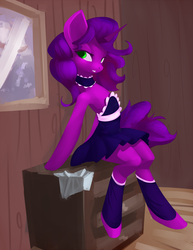 Size: 1500x1945 | Tagged: safe, artist:qweeli, oc, oc only, pony, unicorn, semi-anthro, armpits, bedroom eyes, clothes, collar, female, maid, sitting, smiling, solo