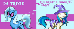 Size: 1280x512 | Tagged: safe, artist:dat-ivy, dj pon-3, trixie, vinyl scratch, pony, unicorn, g4, accessory swap, female, mare