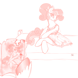 Size: 1024x1024 | Tagged: safe, artist:sourcherry, oc, oc only, oc:pretty wreck, oc:silk thread, bed, bow, classy, clothes, dirty, dress, hair bow, monochrome, pose, sitting, sultry pose