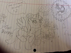 Size: 2592x1936 | Tagged: artist needed, safe, derpy hooves, princess celestia, rainbow dash, pegasus, pony, g4, crown of muffins, element of muffin, female, grayscale, group, just being derp, lined paper, mare, monochrome, muffin, princess derpy, traditional art