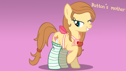 Size: 1920x1080 | Tagged: safe, artist:tiarawhy, oc, oc only, oc:cream heart, earth pony, pony, g4, apron, bedroom eyes, clothes, female, mare, simple background, smiling, socks, solo, striped socks, vector, wallpaper, wink