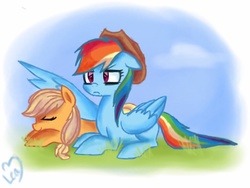 Size: 1024x768 | Tagged: safe, artist:leafa123, applejack, rainbow dash, g4, accessory swap, female, grimace, lesbian, prone, ship:appledash, shipping, sleeping, spread wings