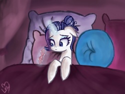 Size: 1024x768 | Tagged: safe, artist:leafa123, rarity, g4, :c, bed, female, floppy ears, glasses, magic, messy mane, on back, pillow, sad, solo, telekinesis