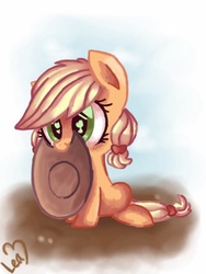 Size: 768x1024 | Tagged: safe, artist:leafa123, applejack, g4, cute, female, filly, jackabetes, mouth hold, nom, solo