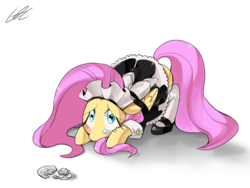 Size: 1000x750 | Tagged: safe, artist:cofotory, fluttershy, g4, broken, clothes, crying, female, maid, plate, simple background, solo, transparent background