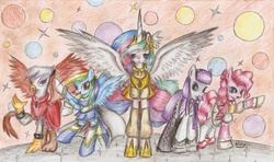 Size: 2325x1373 | Tagged: dead source, safe, artist:nika191319, gilda, maud pie, pinkie pie, princess celestia, rainbow dash, griffon, g4, clothes, crossover, dress, homura akemi, madoka kaname, mami tomoe, puella magi madoka magica, sakura kyouko, sayaka miki, spread wings, traditional art