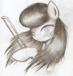 Size: 1054x1092 | Tagged: dead source, safe, artist:nika191319, octavia melody, g4, bow (instrument), eyes closed, female, grayscale, monochrome, portrait, solo, traditional art