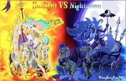 Size: 1280x826 | Tagged: safe, artist:wangkingfun, echo (g4), nightmare moon, nocturn, princess celestia, anthro, g4, chariot, echo and nocturn, muscles, night guard, royal guard, staff, unconvincing armor