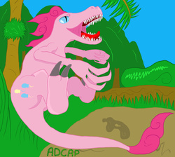 Size: 1736x1557 | Tagged: safe, pinkie pie, dinosaur, velociraptor, g4, crossover, dinosaurified, female, jumping, prehistoric, solo