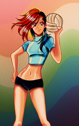 Size: 750x1200 | Tagged: safe, artist:kyle23emma, rainbow dash, human, g4, 2013, belly button, clothes, compression shorts, description in comments, female, humanized, looking at you, midriff, rainbow background, shorts, smiling, solo, swimsuit, volleyball