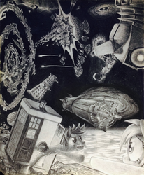 Size: 2082x2527 | Tagged: safe, artist:here-for-the-ponies, derpy hooves, doctor whooves, time turner, pony, g4, crossover, dalek, doctor who, duo, graphite drawing, high res, male, monochrome, photo, spaceship, stallion, tardis, the doctor, traditional art