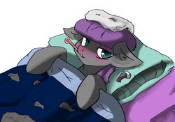 Size: 10000x7000 | Tagged: safe, artist:^:3, boulder (g4), maud pie, g4, absurd resolution, backwards thermometer, bed, blanket, drawthread, fever, looking at you, on back, pillow, red nosed, sick, thermometer