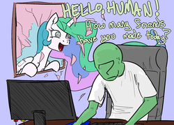 Size: 1280x916 | Tagged: safe, artist:nobody, color edit, princess celestia, oc, oc:anon, alicorn, human, pony, g4, broken glass, broken window, chair, color, colored, computer, defenestratia, defenestration, dialogue, dork, duo, female, friends, frown, human male, make some friends, male, mare, nervous, open mouth, sitting, slouching, smiling, sweat, sweatdrop, unamused, window