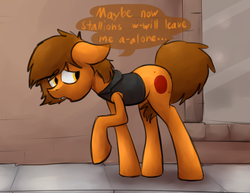 Size: 1280x987 | Tagged: safe, artist:marsminer, oc, oc only, oc:venus spring, pony, braces, crossdressing, dialogue, disguise, female, mare, solo