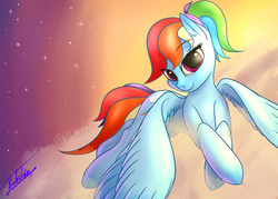 Size: 4133x2952 | Tagged: safe, artist:elzzombie, rainbow dash, g4, alternate hairstyle, cloud, cloudy, female, flying, ponytail, solo