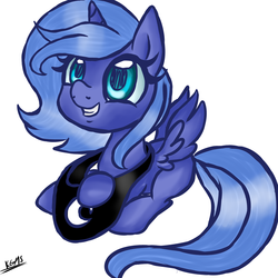 Size: 3000x3000 | Tagged: safe, artist:katkakakao, princess luna, g4, blank flank, cute, female, filly, high res, prone, simple background, smiling, solo, spread wings, woona