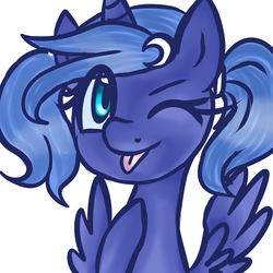 Size: 3000x3000 | Tagged: safe, artist:katkakakao, princess luna, g4, alternate hairstyle, cute, female, filly, high res, pigtails, simple background, solo, tongue out, wink, woona