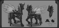 Size: 2230x1079 | Tagged: safe, artist:setarium, oc, oc only, changeling, comparison, design, female, gas mask, grayscale, jewelry, male, mask, monochrome, sketch, standing