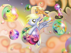 Size: 2227x1661 | Tagged: safe, artist:giuliabeck, applejack, derpy hooves, fluttershy, pinkie pie, rainbow dash, rarity, twilight sparkle, pegasus, pony, g4, alternate mane seven, bubble, female, mane six, mare