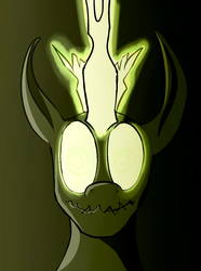 Size: 1216x1636 | Tagged: safe, artist:gapaot, changeling, changeling queen, big ears, glowing eyes, glowing horn, gradient background, horn, shadow