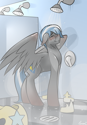 Size: 1024x1463 | Tagged: safe, artist:whitepone, oc, oc only, oc:cloud zapper, shower, solo, wet mane