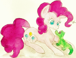 Size: 814x627 | Tagged: safe, artist:chiuuchiuu, gummy, pinkie pie, g4, traditional art, watercolor painting