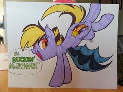 Size: 1024x768 | Tagged: safe, artist:trish forstner, oc, oc only, oc:blazing star, bat pony, pony, bronycon, bronycon mascots, bucking, cute, fangs, solo, traditional art