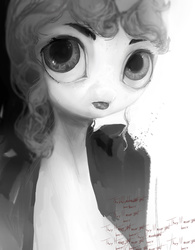Size: 701x900 | Tagged: safe, artist:php90, sweetie belle, g4, alone, depth of field, eyebrows, female, long neck, monochrome, no nose, shading, solo, uncanny valley