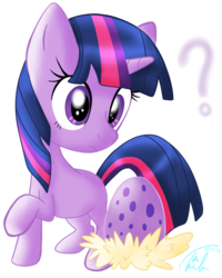 Size: 695x867 | Tagged: safe, artist:yukiko-snowflake, twilight sparkle, pony, unicorn, g4, chibi, female, filly, filly twilight sparkle, solo, spike's egg, unicorn twilight