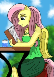 Size: 1024x1449 | Tagged: safe, artist:masqueradeofthenight, fluttershy, anthro, g4, book, cleavage, clothes, female, skirt, solo