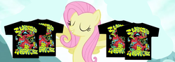 Size: 1705x610 | Tagged: safe, screencap, fluttershy, g4, clothes, female, iwrestledabearonce, merchandise, solo, t-shirt