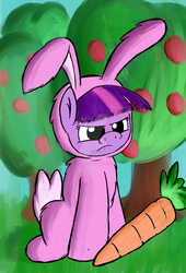 Size: 1024x1503 | Tagged: safe, artist:parassaux, twilight sparkle, earth pony, pony, g4, bunny costume, carrot, clothes, costume, cute, earth pony twilight, female, grass, solo, tree, unamused, unhappy