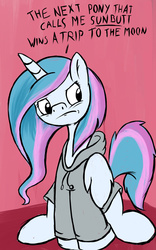 Size: 1024x1644 | Tagged: safe, artist:parassaux, princess celestia, alicorn, pony, g4, clothes, don't call me sunbutt, female, grumpy, hoodie, mare, sitting, solo