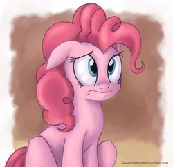 Size: 1024x990 | Tagged: safe, artist:animestrife009, pinkie pie, g4, confused, female, floppy ears, frown, raised eyebrow, sitting, solo