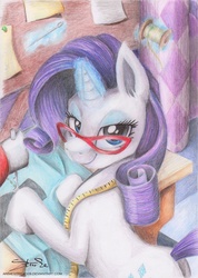 Size: 1024x1436 | Tagged: safe, artist:animestrife009, rarity, g4, bedroom eyes, colored pencil drawing, female, glasses, levitation, magic, measuring tape, needle, sewing, sewing machine, solo, traditional art