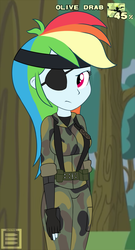 Size: 517x958 | Tagged: safe, artist:burstfire, rainbow dash, equestria girls, g4, pinkie spy (short), big boss, camouflage, eyepatch, female, konami, metal gear, metal gear solid, metal gear solid 3, naked snake, snake eater, solo