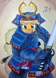 Size: 1280x1775 | Tagged: safe, artist:jet-ann, applejack, earth pony, anthro, g4, armor, badass, female, helmet, katana, samurai, samurai applejack, solo, sword, weapon