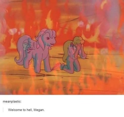 Size: 552x518 | Tagged: safe, megan williams, wind whistler, human, pegasus, pony, g1, my little pony 'n friends, the magic coins, fire, hell, megan's fire, tumblr, you know for kids