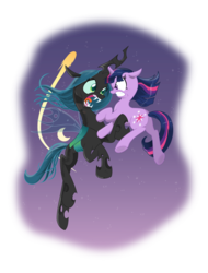 Size: 895x1179 | Tagged: safe, artist:andy price, artist:istilllikegamecubes, queen chrysalis, twilight sparkle, changeling, changeling queen, pony, unicorn, g4, spoiler:comic, .svg available, female, fight, moon, simple background, svg, transparent background, unicorn twilight, vector