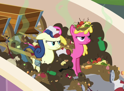 Size: 532x391 | Tagged: safe, screencap, bon bon, cherry berry, sweetie drops, earth pony, pony, g4, putting your hoof down, bon bon is not amused, cart, duo, duo female, female, smell, trash, visible stench