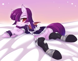 Size: 3465x2700 | Tagged: safe, artist:freedomthai, oc, oc only, oc:falling chain, bat pony, pony, bed, blushing, butt, chains, clothes, commission, fangs, high res, latex, looking at you, looking back, maid, plot, solo, stockings