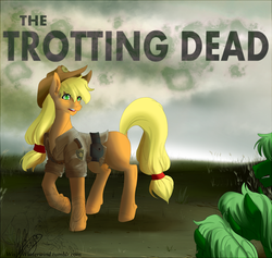 Size: 850x807 | Tagged: safe, artist:muirne, artist:wispywinterwind, applejack, zombie, g4, badge, crossover, poster, rick grimes, the trotting dead, the walking dead