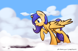 Size: 1280x837 | Tagged: safe, artist:itspencilguy, oc, oc only, oc:sunfall, pegasus, pony, /foe/, cloud, cloudy, solo