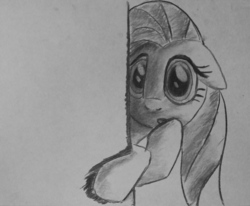 Size: 848x700 | Tagged: safe, artist:inkygarden, fluttershy, g4, :o, charcoal (medium), female, grayscale, monochrome, sketch, solo, traditional art